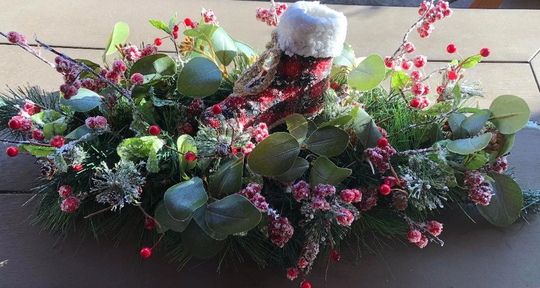 Christmas Centerpiece Ice Skate Table Decor Red Berry Swag Black Buffalo Check Pine Greenery