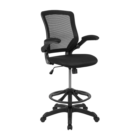 Offex Mid-Back Mesh Ergonomic Drafting Chair with Adjustable Foot Ring and Flip-Up Arms - Black