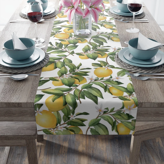 Lemon Table Runner, Leaves Decor, Housewarming Gift, Gifts, Yellow Tablecloth, Leaf Decor