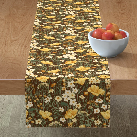 Poppy Flower Table Runner - California Field By Emikundesigns Yellow Brown Floral Grass Cotton Sateen Spoonflower