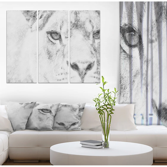 Designart 'Black and White Lion Pencil Sketch' Animals Print on Wrapped Canvas set