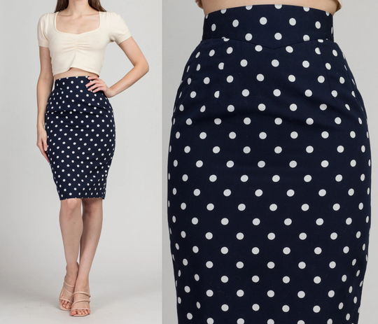 Vintage Premonville Et Dewavrin Navy Blue Polka Dot Mini Skirt - Extra Small, 24" | 90S French Designer High Waist Fitted Pencil