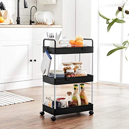 3-Tier Rolling Cart Storage Shelving Unit With Wheels Moving Easily Organizer, Black Metal Cart, Shelves Great For Kitchen, Home Gift