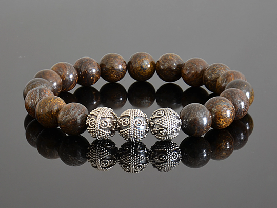 Premium 10mm Bronzite & Sterling Silver Luxury Mens Bali Beaded Bracelet