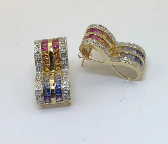 Beautiful 10Kt Gold Multi Color Created Sapphire Earrings, 32 Diamonds 40 Princess Cut Stones Yellow