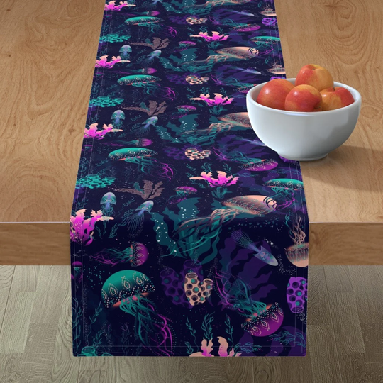Nautical Jellyfish Table Runner - Underwater-World By Lesunia Jewel Tones Underwater Aquatic Cotton Sateen Spoonflower