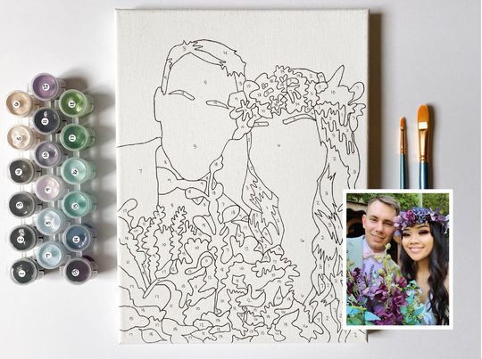 Handmade Paint By Number Kit, Custom Abstract Portrait On 9x12 Inch Canvas, Hand Drawn With Mixed Paints, Personalized Painting