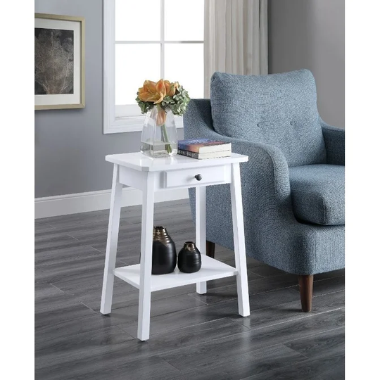 1 Storage Drawer Rectangular Table Top 1 Tier Shelf Accent Table, White Finish storage drawer with a classic round knob