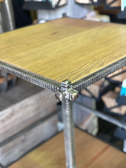 stamped Iron End Table With Natural Wood Tone Top