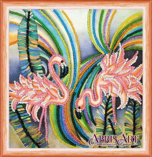 Set-Mini Diy Bead Embroidery Kit On Art Canvas "Pink Flamingos" Size 5.9"x5.9" | 15x15 cm, Gift
