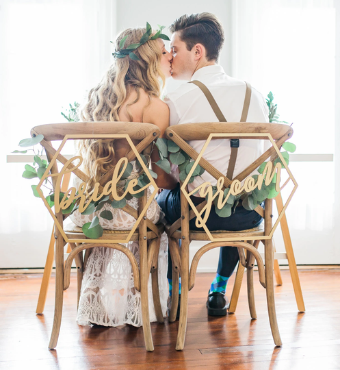 Hexagon Wedding Chair Signs Geometric Style For Bride & Groom Chairs, Calligraphy Wooden Hanging Set | Item - Gbg200
