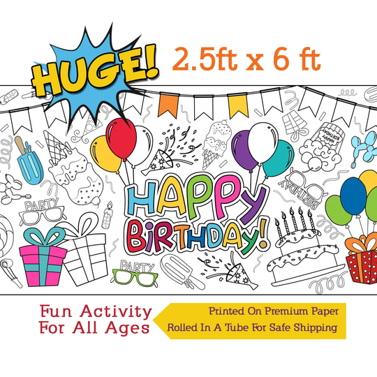 Birthday Coloring Poster, Banner, Paper Tablecloth, Table Cover, Party Activity - 30" X 72" Inches