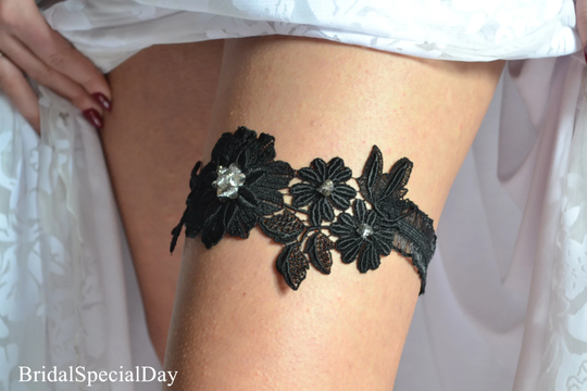 Black Lace Garter Wedding Set, Bridal Flower Grey Crystals Gift, Handmade Accessories