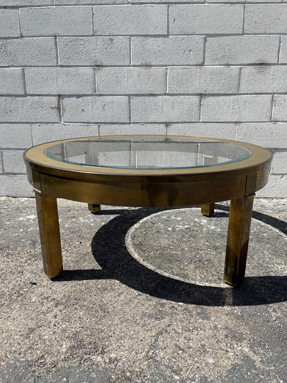 Gold Coffee Table Hollywood Regency Milo Baughman Style Glass Brass Metal Accent Mid Century Modern Mcm Side Boho Ring Vintage Living Room