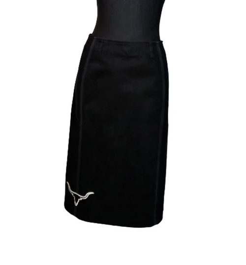 Moschino Jeans Black Skirt, Side Mesh Detail Pencil Strech Midi Bull Head Embroidery Skirt