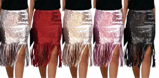 Midi Sequin Shingle Shake Fringe Pencil Skirt