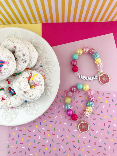 Kids Personalized Donut Doughnut Bracelet, Charm Bracelet Toddler, Custom Name, For Girls, Stretch Sprinkles