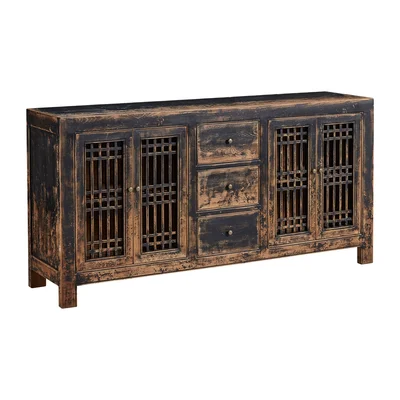 Thorbjorn 71-Inch Antique Pine Sideboard With Lattice Doors, Rubbed Black
