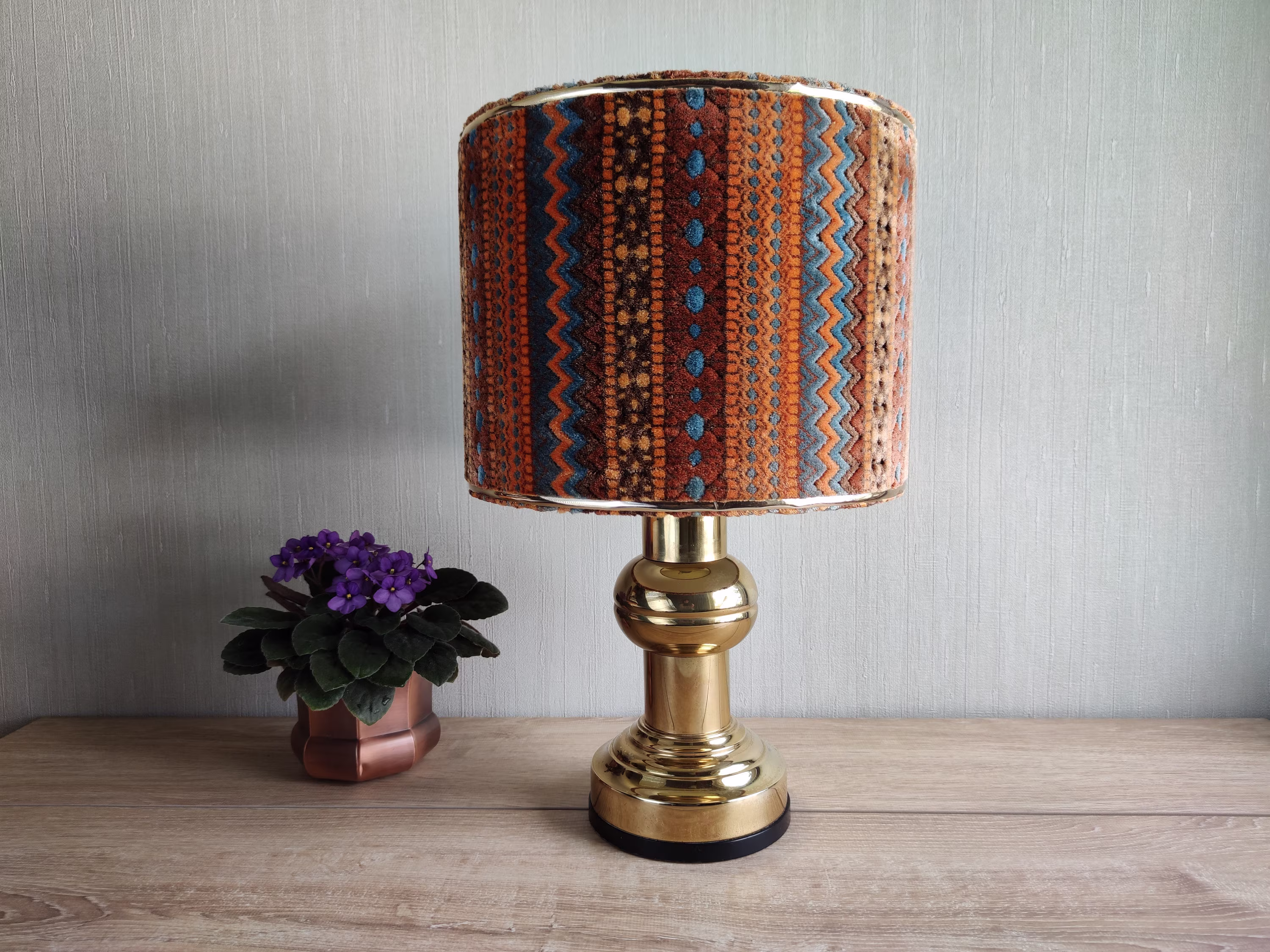 Zenith Brass Table Lamp, Germany, 60S, Mid Century Large Lamp W Chenille Velvet Shade, Base, Retro, Boho Chic, Mcm Home Decor