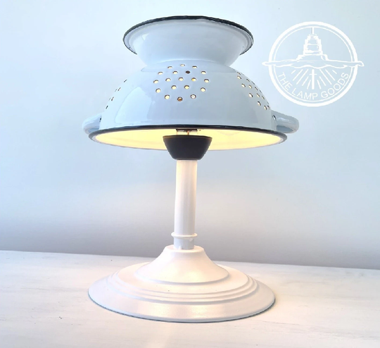 Farmhouse Colander Lamp Table White Enamel Bedroom Stand Light Fixture - Plug in Metal Lighting Home