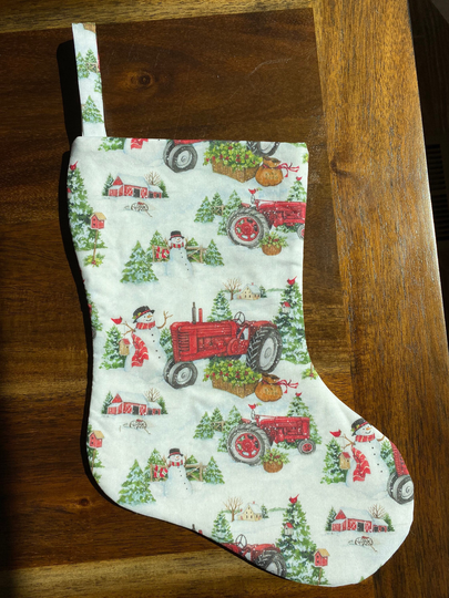 Christmas Stocking with Red Tractor & Snowmen, Susan Winget Design Fabric