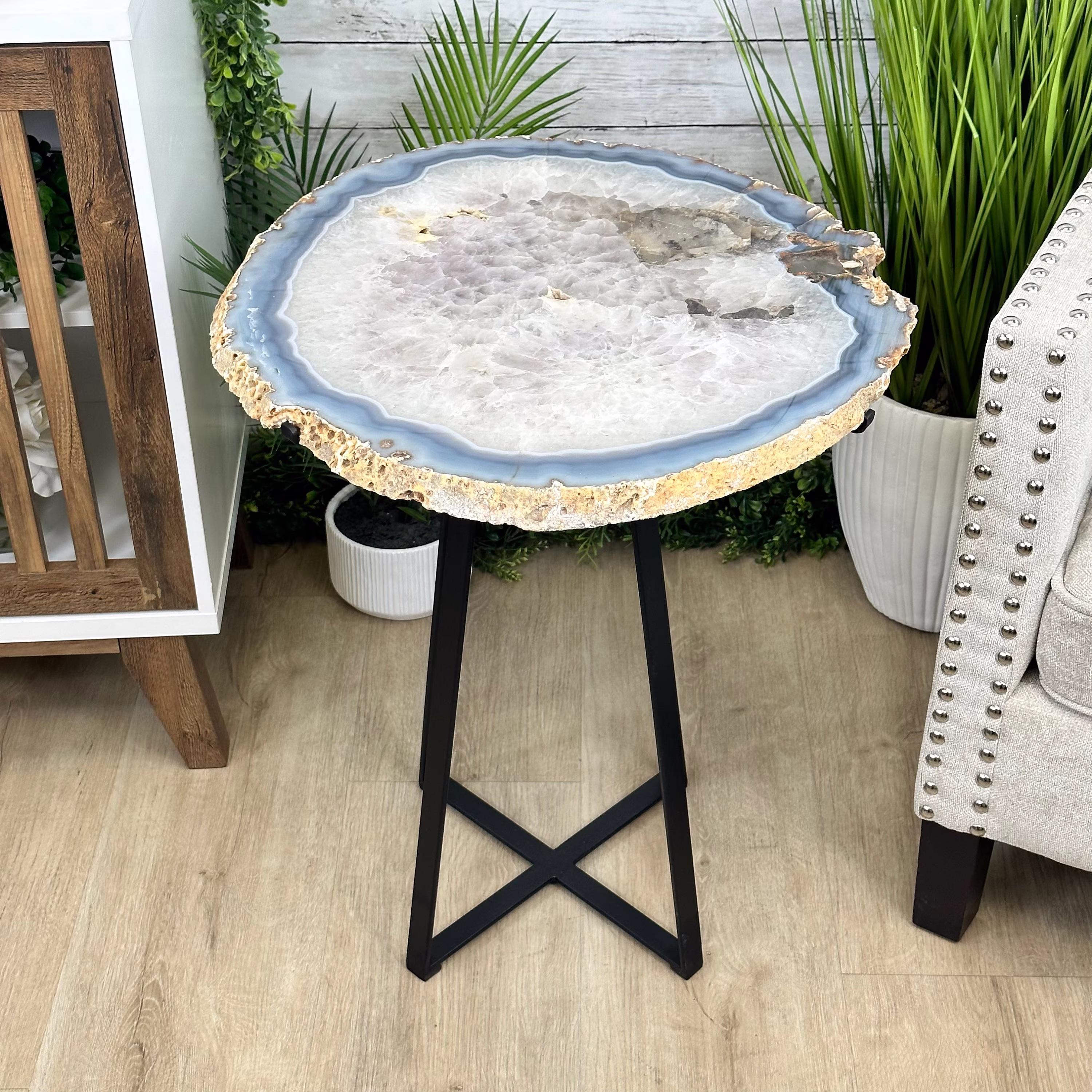 Natural Brazilian Agate Side Table, Single Slice On A Black Metal Base, 24.75" Tall #1307-0026 By Brazil Gems