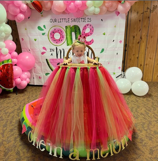 One in A Melon High Chair Tutu, Girls First Birthday Highchair Banner, Our Sweet Girl Watermelon 1st Smash Cake Photo, Turning