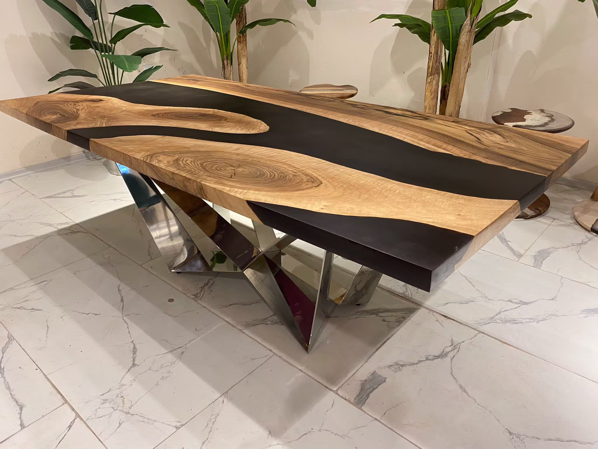 Made To Order, Walnut Resin Epoxy Table Top Custom Smoked River Dining