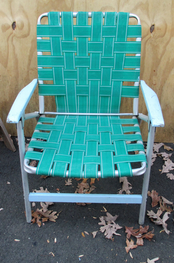 Aluminum Folding Lawn Chair, Painted Wood Handles, Solid Alum. Frame, Vinyl Webbing in Great Condition 1960's