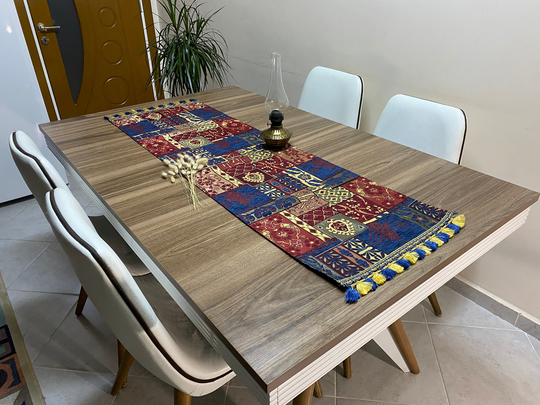 Burgundy Ottoman Turkish Coffee Table Cloth Runner, Dark Blue Vibrant Tulip Oriental Dowry Chest Cloth, Rnr246
