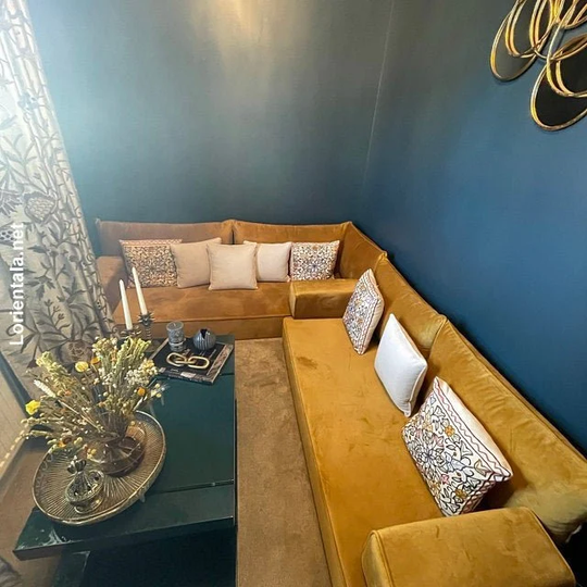 L Shaped 8'' Thick Velvet Gold Yellow Color Floor Seating Sofa Modern Arabic Living Room Couch Moroccan Home Decor Set Cuchions Rug Table