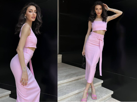 Pink Suit Woman 2 Piece Top & Pencil Skirt Set