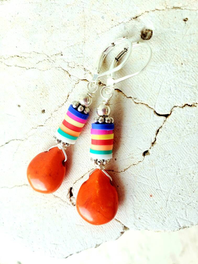 Orange & Multi Color Earrings. Howlite Dangle Colorful Vinyl Cinco De Mayo Jewelry