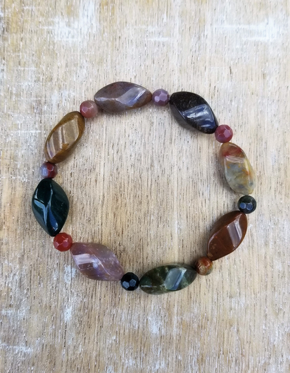 Fancy Jasper Bracelet, Colorful Gemstone Stretch Twisted Oval Shape Agate Stacking Bracelets