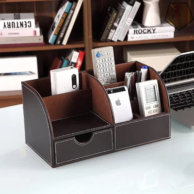 PU Leather Desk Organizer With Drawer, Office Supplies Holder Desktop Stationery Storage Box For Business Card, Pen, Pencil, Mobile Phone Stand, Remot