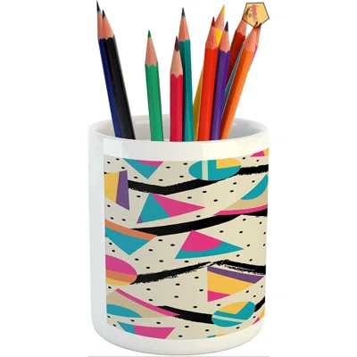 Indie Pencil Pen Holder, Eighties Memphis Fashion Style Geometric Abstract Colorful Design With Dots Funky, Printed Ceramic Pencil Pen Holder For Desk