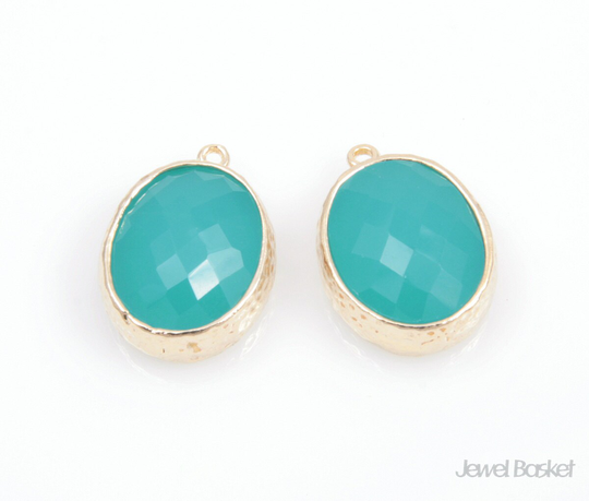 Mint Color & Gold Framed Glass Oval Pendent - 2Pcs Pendant 12 X 16mm, Earrings Jewelry/Smtg009-P