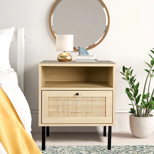 Bohemian Nightstand, Farmhouse End Table with Rattan Drawer and Storage Shelf, Natural Wooden Bedside Table, Sofa Side Table