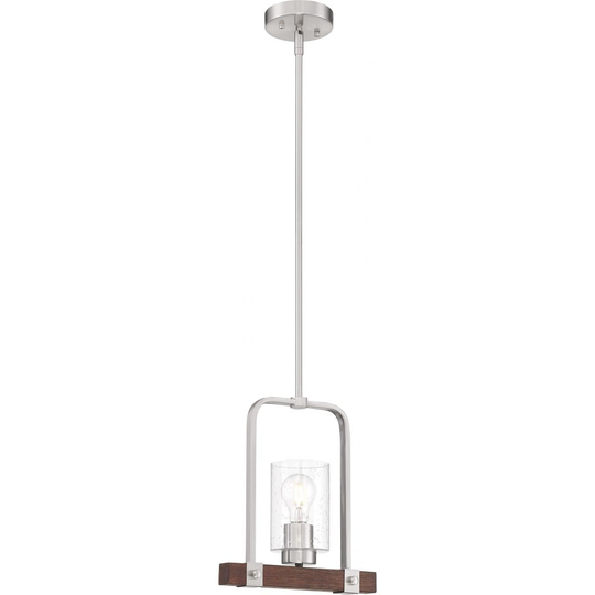 Arabel 1-Light Mini Pendant Fixture Brushed Nickel and Nutmeg Wood Finish with Clear Seeded Glass