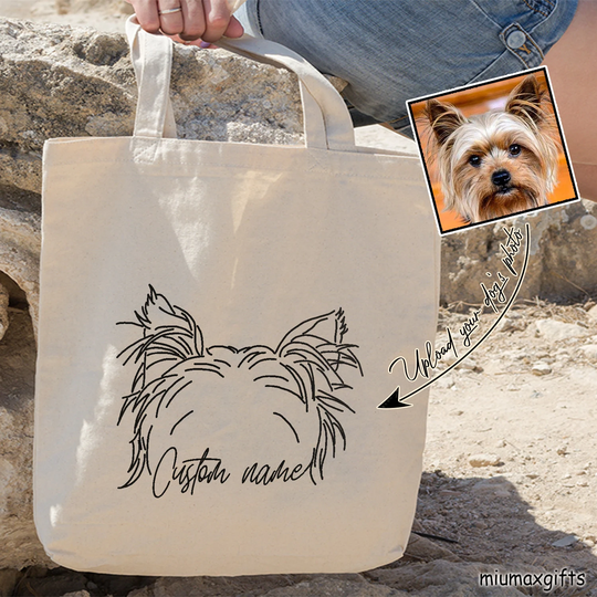 Custom Dog Ears Outline Tote Bag, Yorkshire Terrier Line Art Drawing Bag, Dog Minimalist Bag