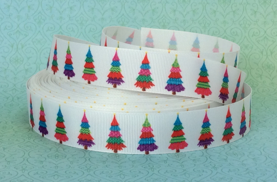 Colorful Christmas Trees - 1" Printed Grosgrain Ribbon Holiday Bows Crafts Decor Floral Giftwrap Sewing Wreaths