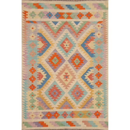 Kilim Reversible Geometric Area Rug Flat-weave Multi-Color Wool Carpet - 4'10" x 6'8"