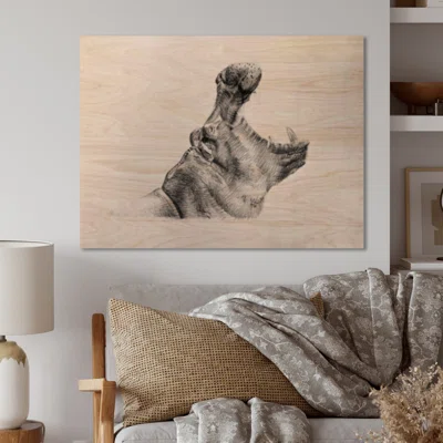 Pencil Hippo Sketch in Black and White - Unframed Print on Wood