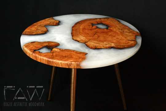 Olive Wood & White Resin Round Table || 20" Diameter End Waterproof Side Slice