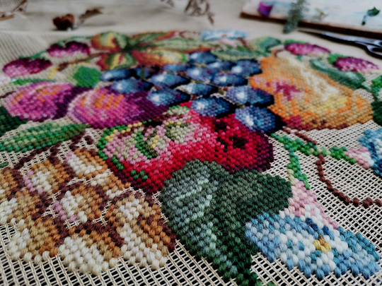 Large 27" Antique Fruits Chair Cover Vintage Preworked Needlepoint Canvas Vivid Colorful