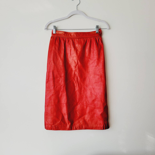 1970S Lanvin Boutique Electric Red Polished Leather Pencil Skirt. Vintage French Luxury Designer Bold Iridescent Soft Skirt