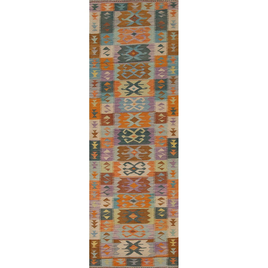 Reversible Multi-Color Kilim Oriental Runner Rug Flatweave Wool Carpet - 2'8" x 9'11"