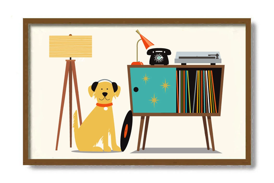 Mid Century Modern Dog Art Print, Golden Retriever Lover Gift, Retro Sideboard, Vinyl Record Storage, Player 1950S