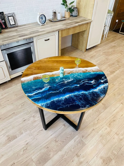 Round Wooden Table, Wood Oak Walnut Dining Room Furniture, Ocean Epoxy Wave Tables, Kitchen Table