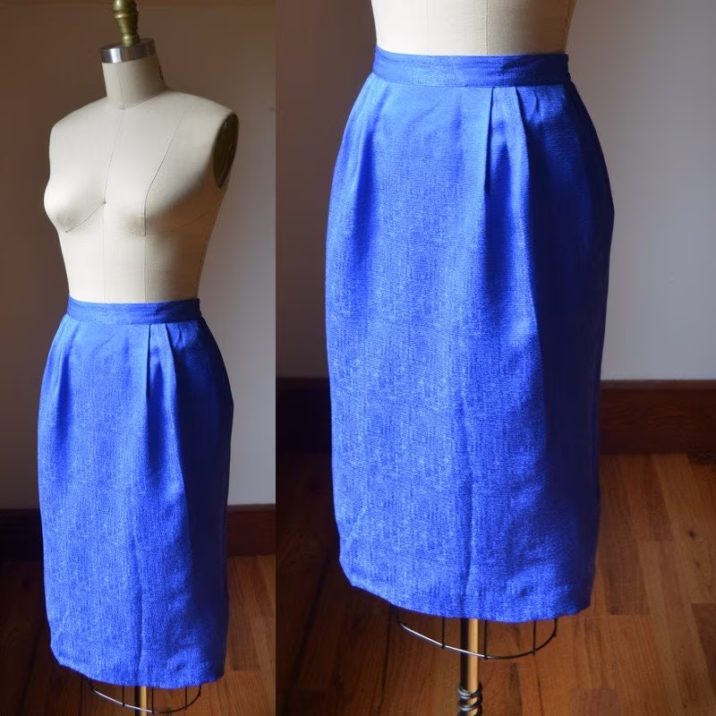 Vintage Royal Blue Silk Pencil Skirt Women's Size 4, Simple Waist 25 Inches Measured